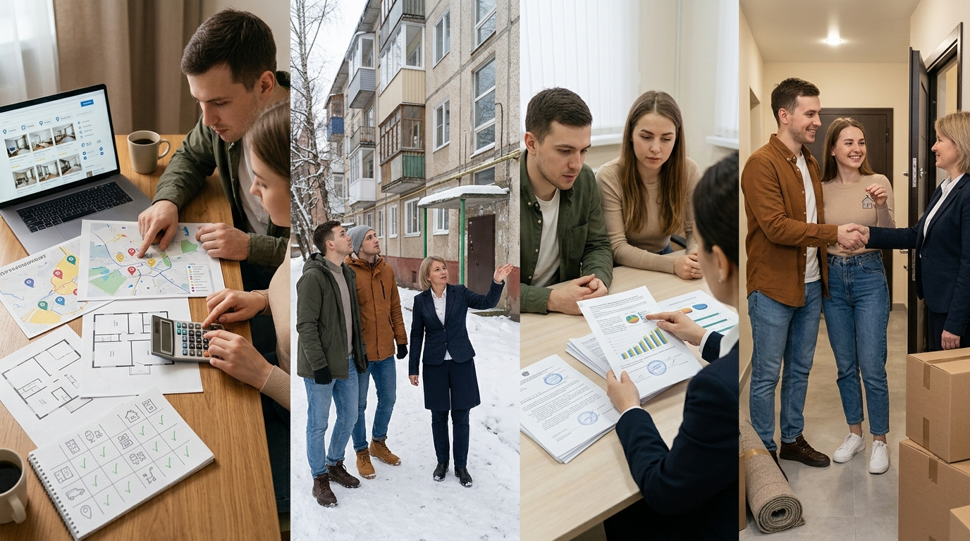 Коллаж этапов покупки квартиры в Екатеринбурге: подбор по карте, осмотр в районе, обсуждение документов, согласование ипотеки и вручение ключей